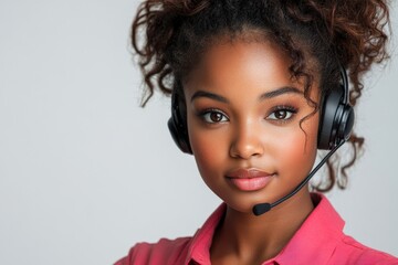 A young woman wearing a headset, looking confident and ready for communication.