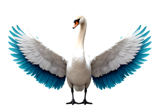 White Swan with Blue Wing Tips Spread Wide on a transparent PNG background."