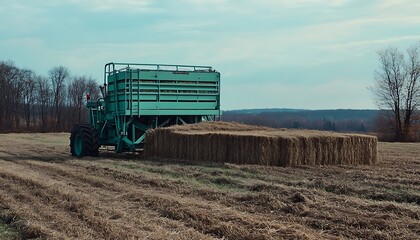 Fototapeta premium A Green Tractor Gathering Hay Bales in a Field