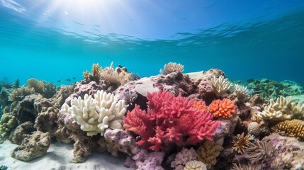 Obraz premium A vibrant underwater scene showcasing diverse coral formations in shades of pink, white, and orange.