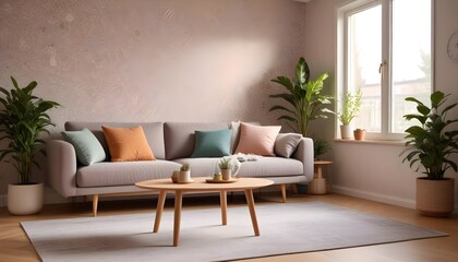 Fototapeta premium Scandinavian living room interior design zoom background,Doodle patterned wallpaper graphics