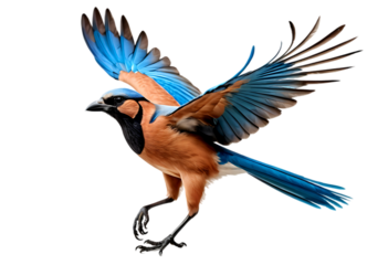 Blue winged Jay in Flight spread Wings on a Black Background