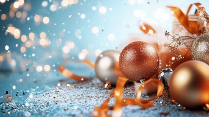 Fototapeta premium Shiny copper and silver ornaments rest on a bed of glitter and ribbon