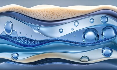 Detailed Cross-Section Illustration of Skin Structure for Autumn-Winter Skincare, Featuring Glass Spheres and Blue Droplets on a Solid Background. The Top Layer is Filled with White Transparent Foam, 