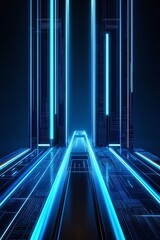 Futuristic Abstract Digital Pathway with Neon Lights, Electric Blue Lines, and High-Tech Grid Design on a Dark Background for Technology Themes and Innovations