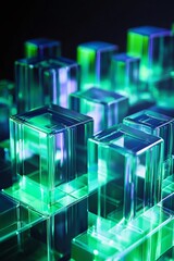 Obraz premium Futuristic Abstract Display of Transparent Cubes with Neon Lighting Creating a Striking Visual Contrast Against a Dark Background for Modern Design Aesthetics