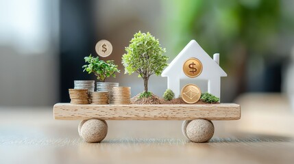 Conceptual image of a miniature house on a wooden trolley, showcasing trees, coins, and symbols of money, emphasizing growth and investment in real estate and nature