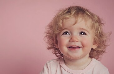 Naklejka premium Cute, happy, smiling toddler child with blond, curly hair, isolated on a pastel pink background.
