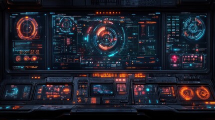 Obraz premium Futuristic control panel with glowing interfaces and data displays.