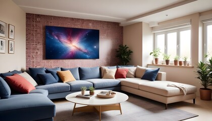 Scandinavian living room interior design zoom background,Doodle patterned wallpaper graphics