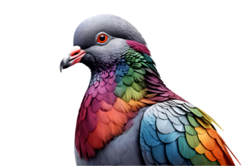 Rainbow Pigeon Feathers Bird Photography Artwork and its head is grey."