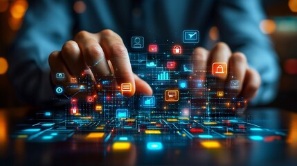 Digital marketing, banking, payment and online shopping, Businessman touching global business networking on colorful background