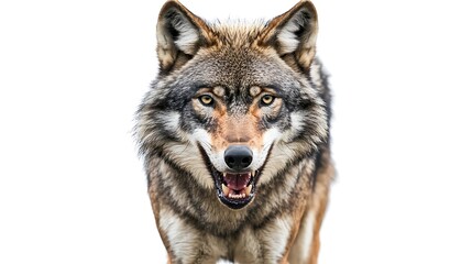 Front view of angry wolf  face and mouth open.