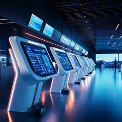 Obraz premium Airline checkin counter with selfservice kiosks and futuristic screens displaying flight information