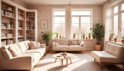 Fototapeta premium Scandinavian living room interior design zoom background,Doodle patterned wallpaper graphics