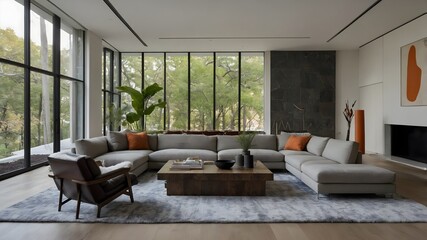 AI-generated ultra-modern living room in USA and Paris style, featuring minimalist design, nature backgrounds, dynamic lighting, and unique accents