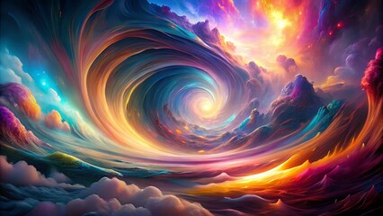 Obraz premium A swirling vortex of vibrant hues, encompassing celestial landscapes, with a luminescent center, radiating ethereal energy.
