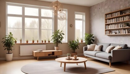 Fototapeta premium Scandinavian living room interior design zoom background,Doodle patterned wallpaper graphics