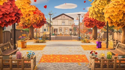 Fototapeta premium A charming town square with colorful autumn leaves, a quaint building, benches, and a walkway.