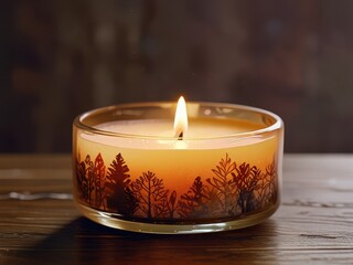 Cozy Candle in Glass Vessel with Warm Christmas Background