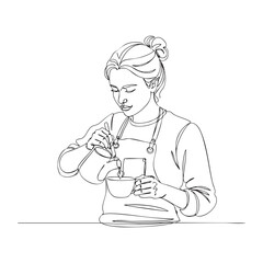 woman barista latte art continuous line drawing vector illustration