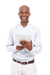 Businessman, tablet and portrait in studio for communication, client networking and company research. African person, technology and smile on white background for revenue report, information and news