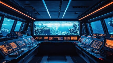 Fototapeta premium Futuristic submarine control room with large view screen showcasing underwater coral reef.