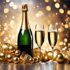 A festive scene featuring a champagne bottle, two champagne glasses, and golden ornaments, set against a glowing bokeh background, ideal for celebrations and elegant occasions.