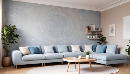 Scandinavian living room interior design zoom background,Doodle patterned wallpaper graphics