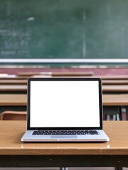 A blank laptop screen on a school desk in a classroom with chalkboards and textbooks, ideal for educational or study app previews. 