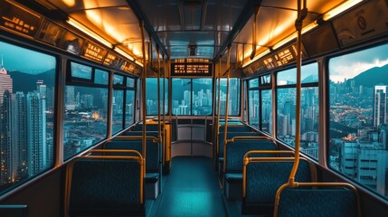 Fototapeta premium Empty train car with city view from the window.