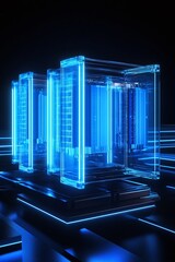 Fototapeta premium Futuristic Digital Technology Concept Featuring Transparent Data Storage Units Illuminated in Blue Light Against a Dark Background