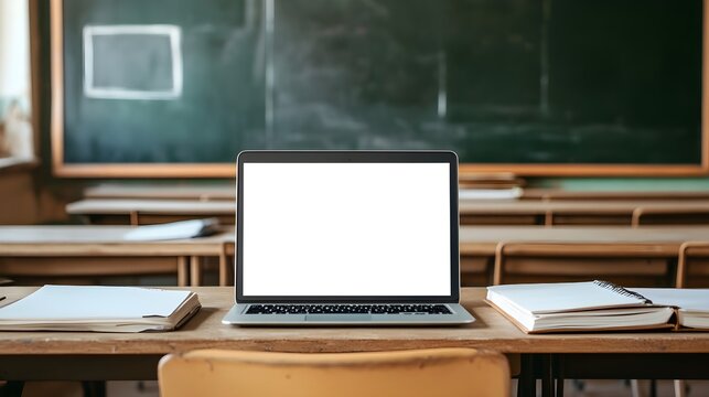 A blank laptop screen on a school desk in a classroom with chalkboards and textbooks, ideal for educational or study app previews. 