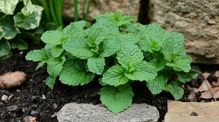 Lush Green Mint Plant Growing in Garden Soil
