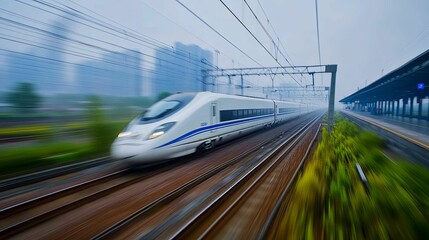 Naklejka premium High-Speed Train Moving Through a Cityscape