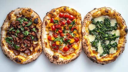 Three Gourmet Pizzas with Various Toppings on a White Background, Featuring Meat, Colorful Vegetables, and Fresh Greens for a Delightful Culinary Experience