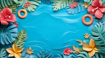 Fototapeta premium Tropical Summer Background with Flowers and Life Rings