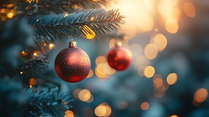 Red Christmas Ornament Hanging on a Pine Tree Branch with Bokeh Lights