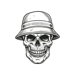 skull wearing bucket hat drawing vector illustration