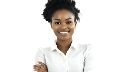 A black business woman with a warm smile, arms crossed.