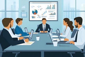 Business Meeting with Presentation and Laptops in Office