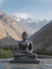 Fototapeta premium Serene Buddha Statue in Meditative Pose Overlooking Mountainous Landscape