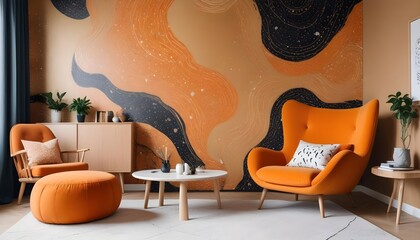 Scandinavian living room interior design zoom background,Doodle patterned wallpaper graphics