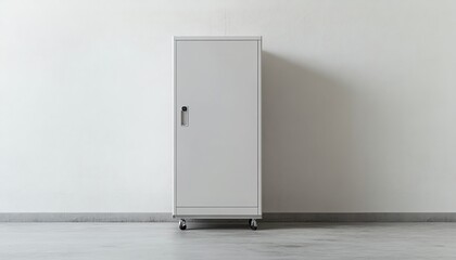 White Cabinet with Flush Handle on Casters Against a White Wall