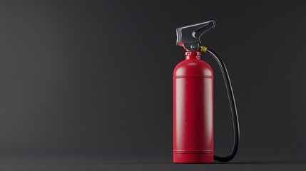 Red Fire Extinguisher with Black Hose on a Gray Background