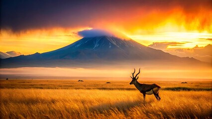 Fototapeta premium A solitary antelope silhouetted against a breathtaking sunrise with a majestic mountain peak in the distance.