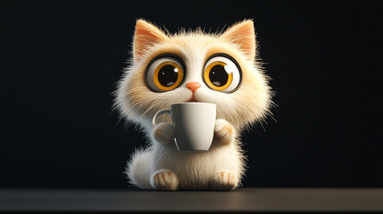 A cartoon fluffy cat with big eyes is drinking coffee while sitting on a table in front of a black background.