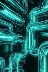 Futuristic Neon Pipeline Network with Transparent Tubes and Glowing Light Effects in an Abstract 3D Digital Space Designed for Innovative Technology Concepts