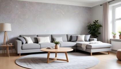 Scandinavian living room interior design zoom background,Doodle patterned wallpaper graphics