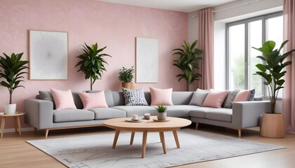 Scandinavian living room interior design zoom background,Doodle patterned wallpaper graphics